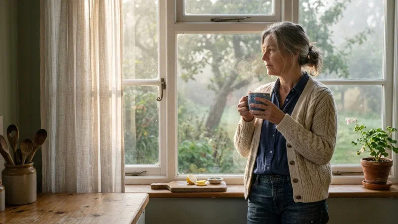 A woman in a knit cardigan stands by a kitchen window holding a steaming mug and looking outside.