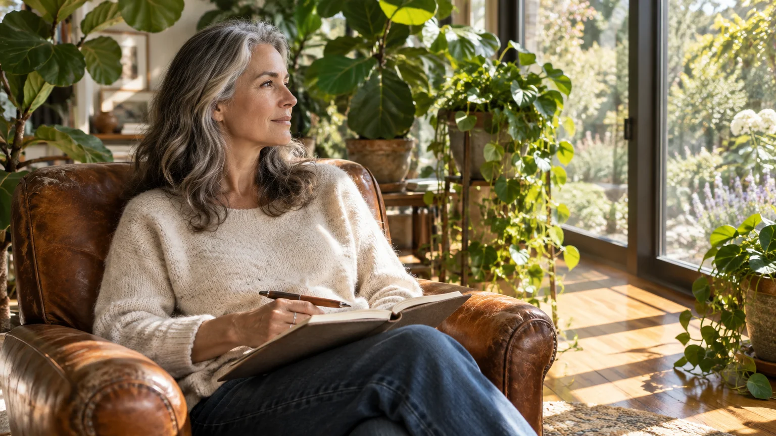 Mature woman with gray hair sitting in a leather armchair writing in a journal in a sunlit room filled with houseplants.