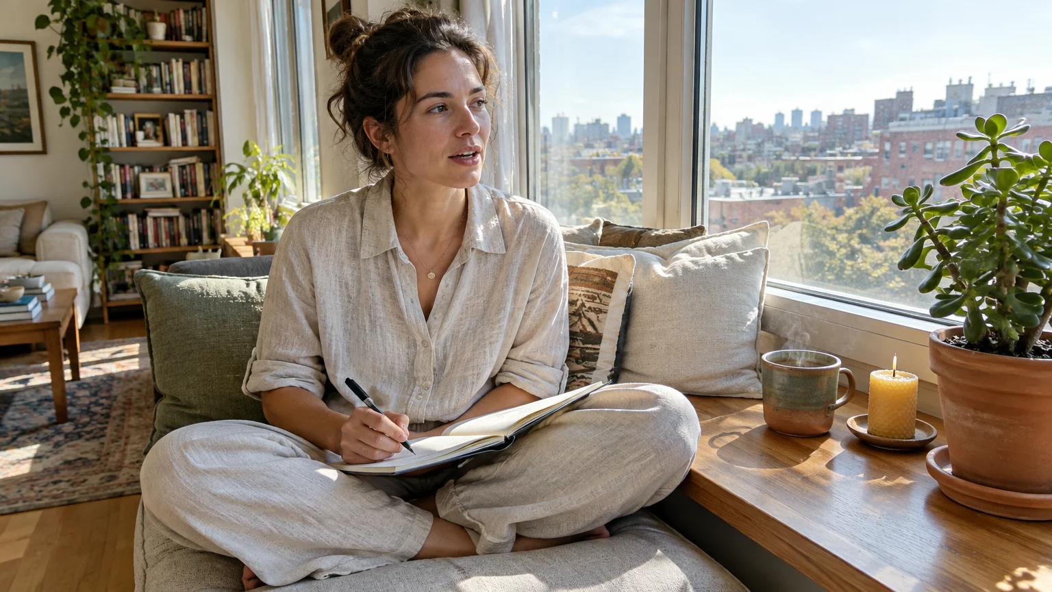 A woman sits cross-legged by a sunlit window writing in a journal with a mug and potted plant nearby.