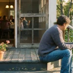A man sits alone on wooden back porch steps holding a mug while a family eats dinner inside.