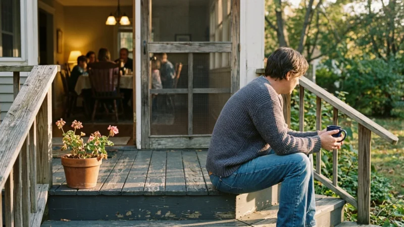 A man sits alone on wooden back porch steps holding a mug while a family eats dinner inside.