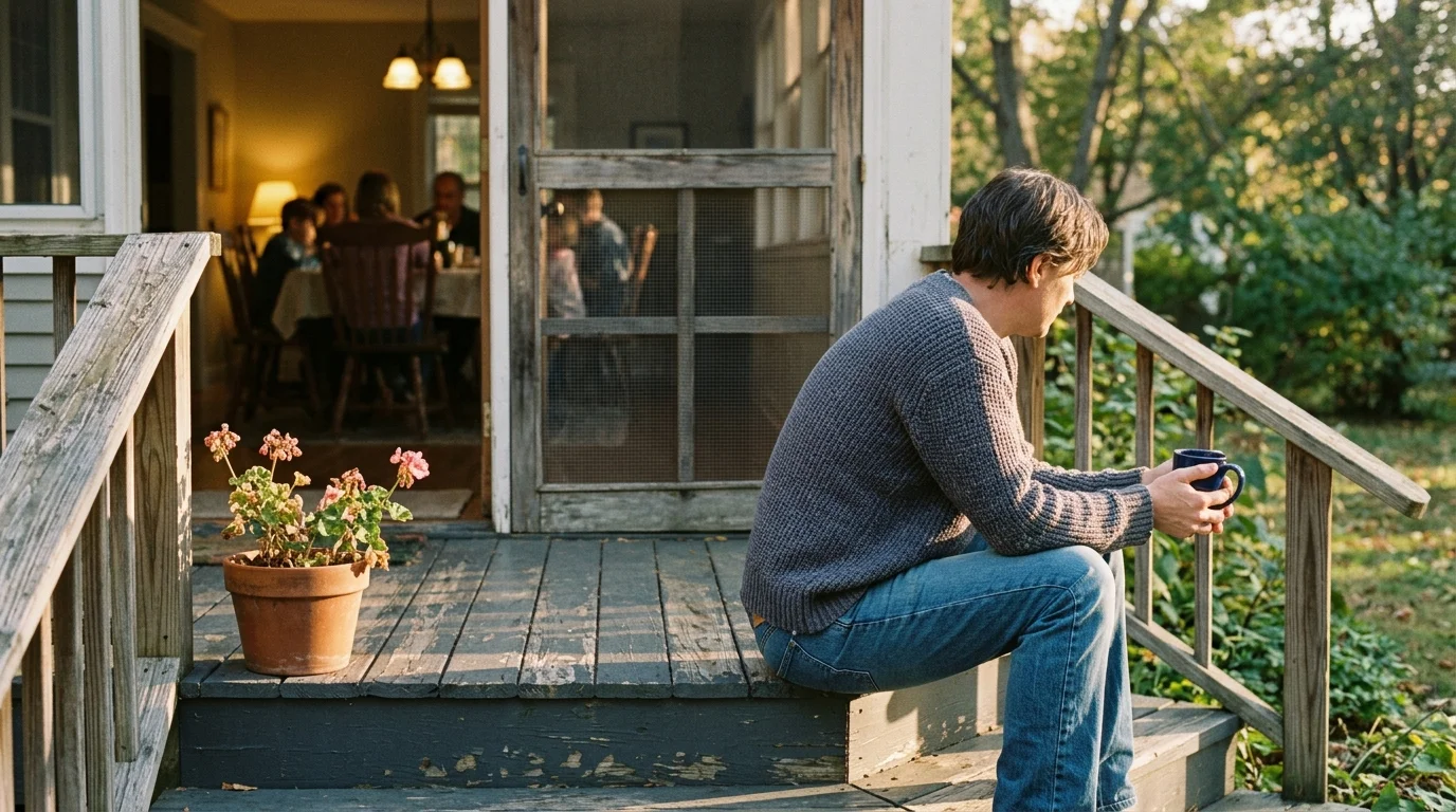 A man sits alone on wooden back porch steps holding a mug while a family eats dinner inside.