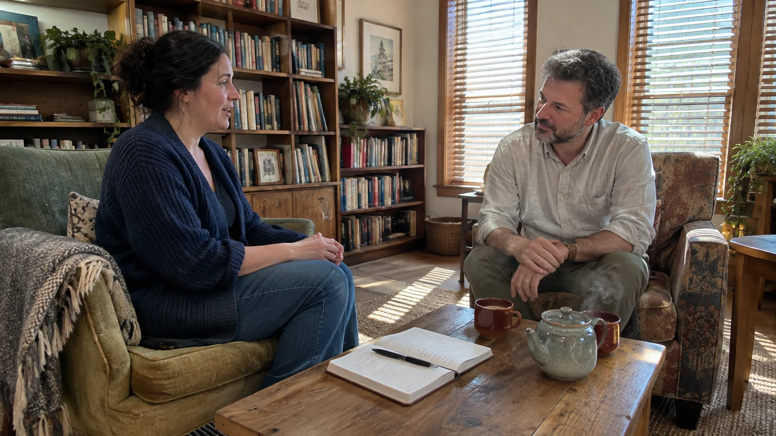 A woman and a man sit across from each other in armchairs near a coffee table with tea and an open notebook.