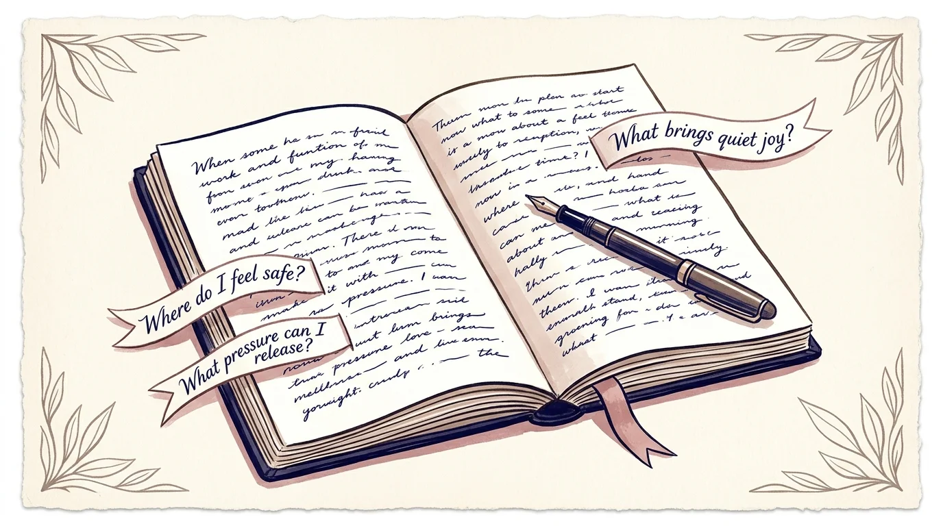 An open handwritten journal with a fountain pen and decorative ribbon banners showing reflective prompts.