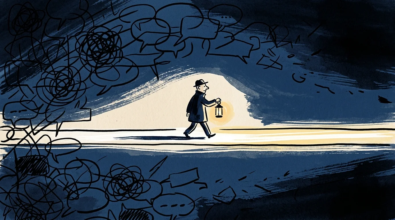 Illustration of a person in a coat and hat walking along a lit path with a lantern past dark, tangled speech bubbles.