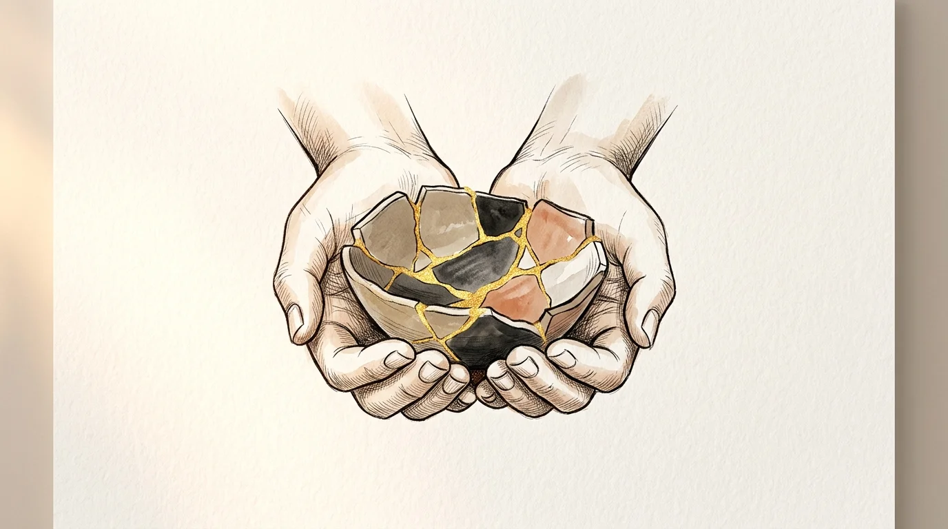 Illustration of two cupped hands holding a broken ceramic bowl repaired with gold seams in the kintsugi style.