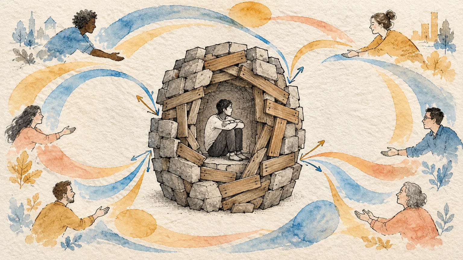 Illustration of a person sitting inside a fortified stone and wood shelter as surrounding people reach out their hands.