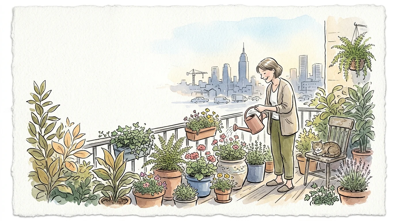 Watercolor illustration of a woman watering potted plants on an urban balcony next to a sleeping cat.