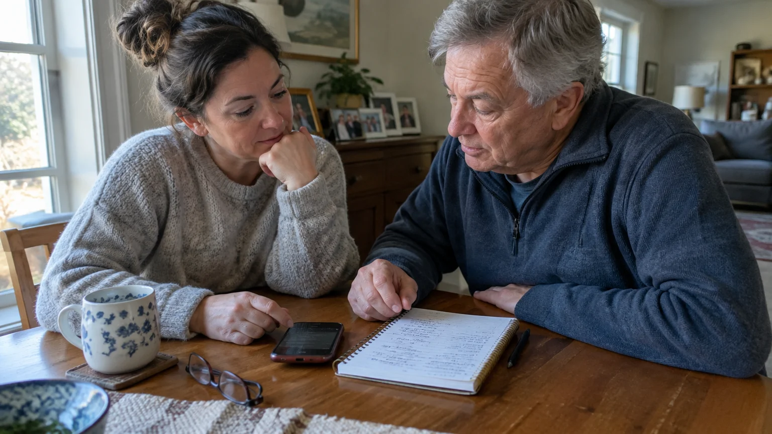 Woman and older man sit at a wooden table reviewing notes in a spiral notebook beside a smartphone.