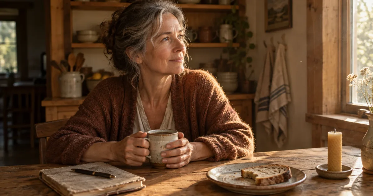 A mature woman in a rust-colored knit sweater sits at a rustic wooden table holding a ceramic mug by a sunny window.