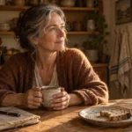 A mature woman in a rust-colored knit sweater sits at a rustic wooden table holding a ceramic mug by a sunny window.