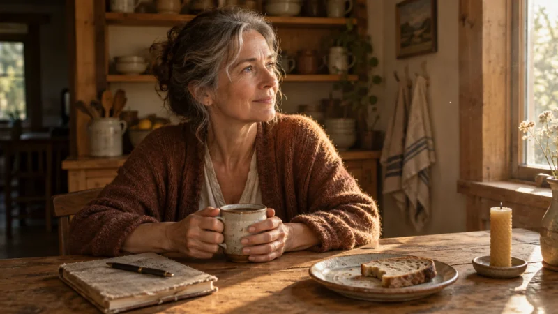 A mature woman in a rust-colored knit sweater sits at a rustic wooden table holding a ceramic mug by a sunny window.