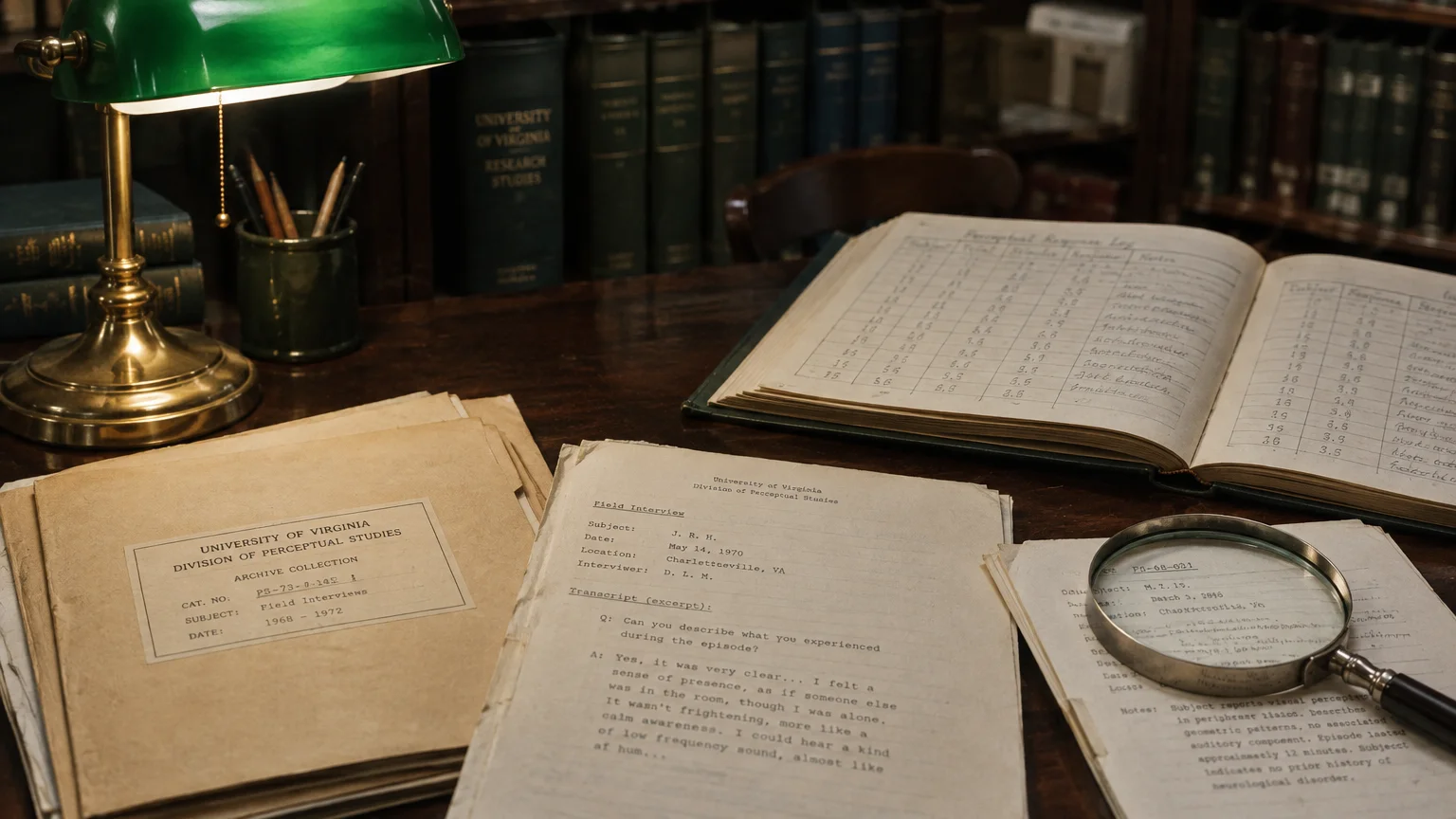 Archival documents from the University of Virginia Division of Perceptual Studies, ledger, magnifying glass, and desk lamp.