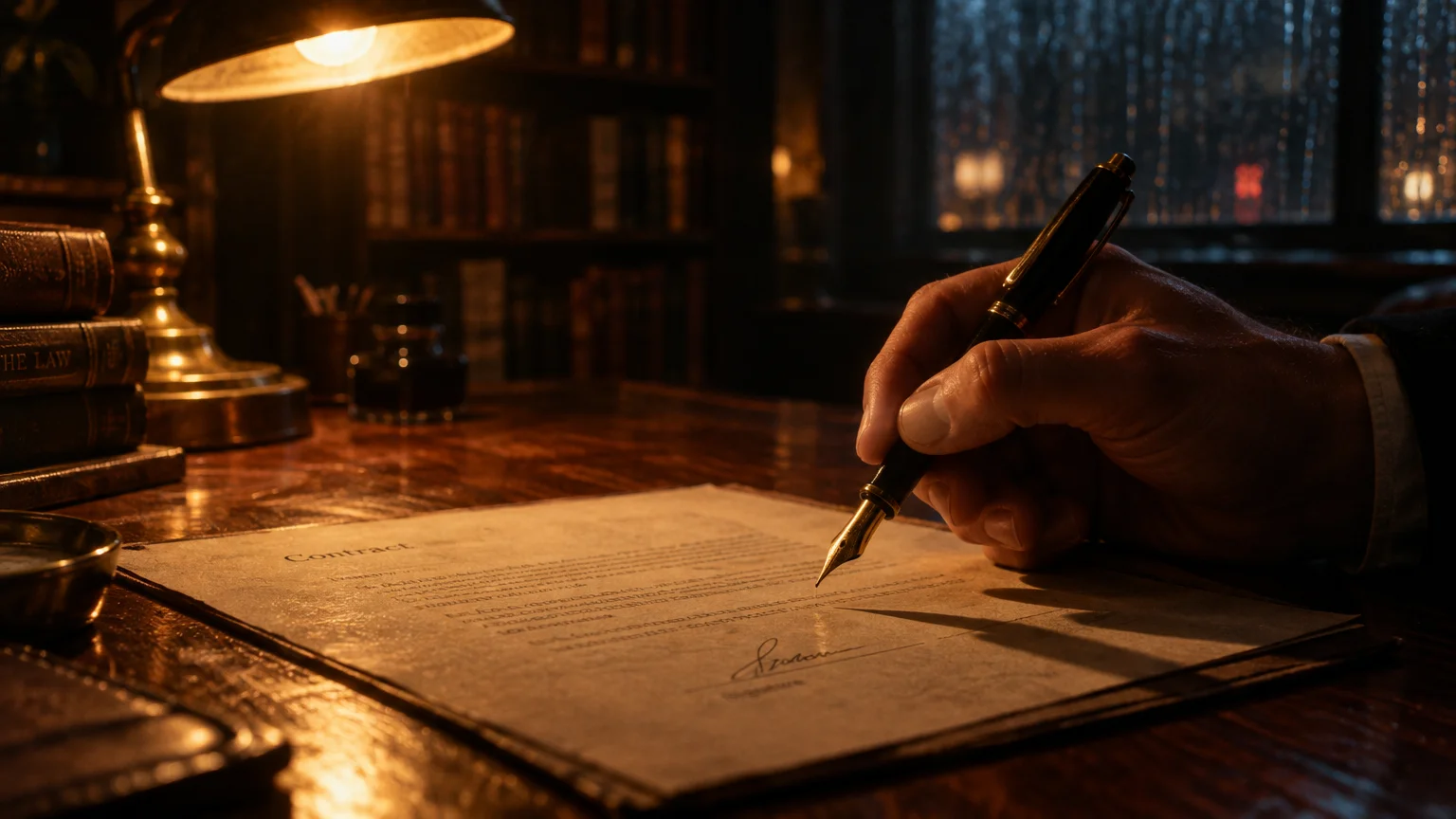A person holding a fountain pen pauses above a contract on a dimly lit wooden desk beside a lamp.