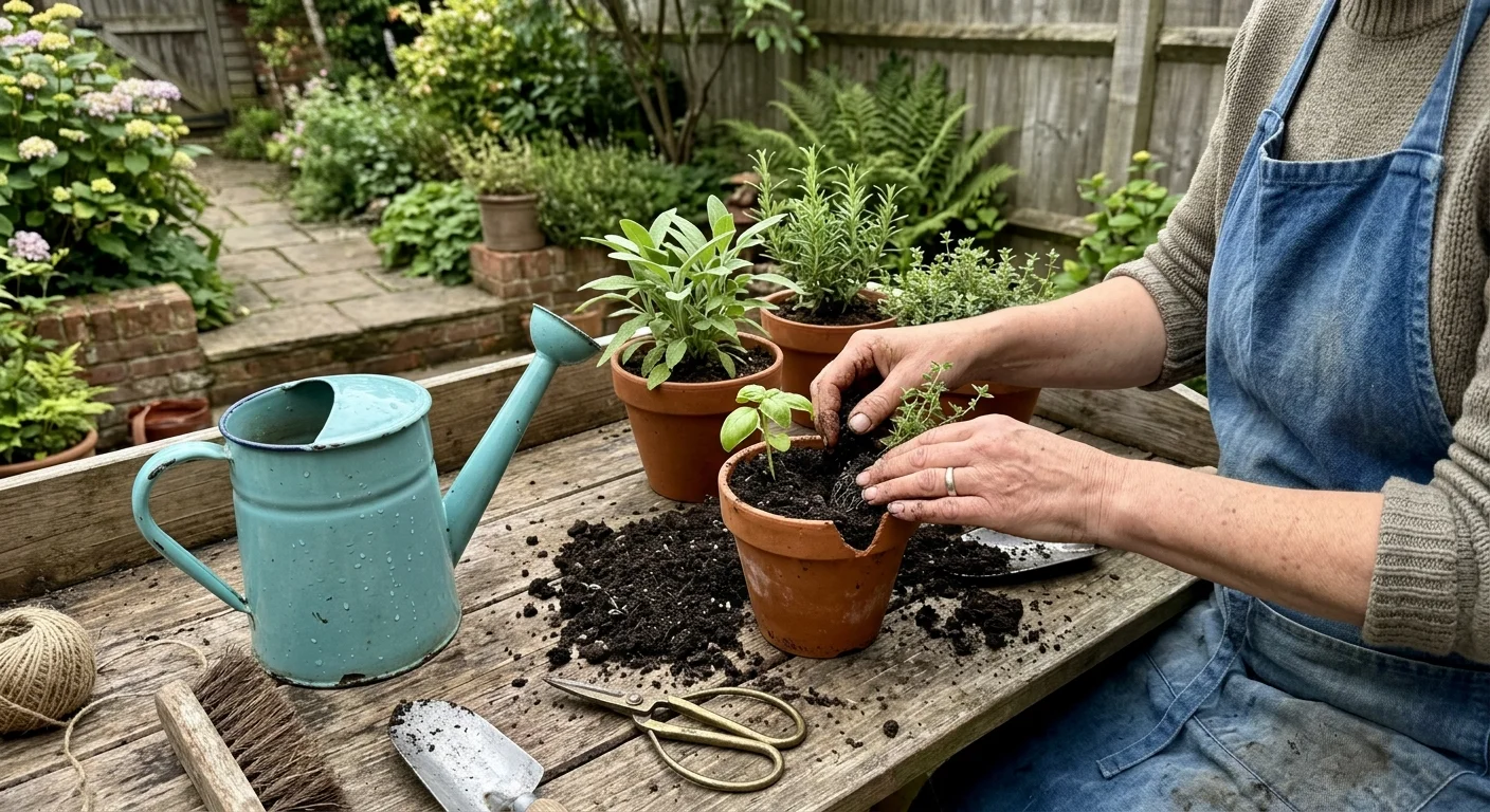 A person in a denim apron pots herbs in terracotta planters on a rustic outdoor gardening workbench beside a watering can.