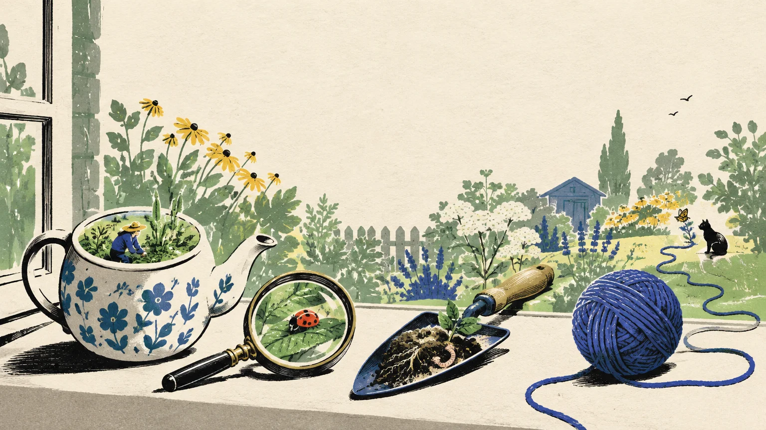 Windowsill illustration with a teapot terrarium, magnifying glass, trowel with a worm, yarn, and an outdoor garden view.
