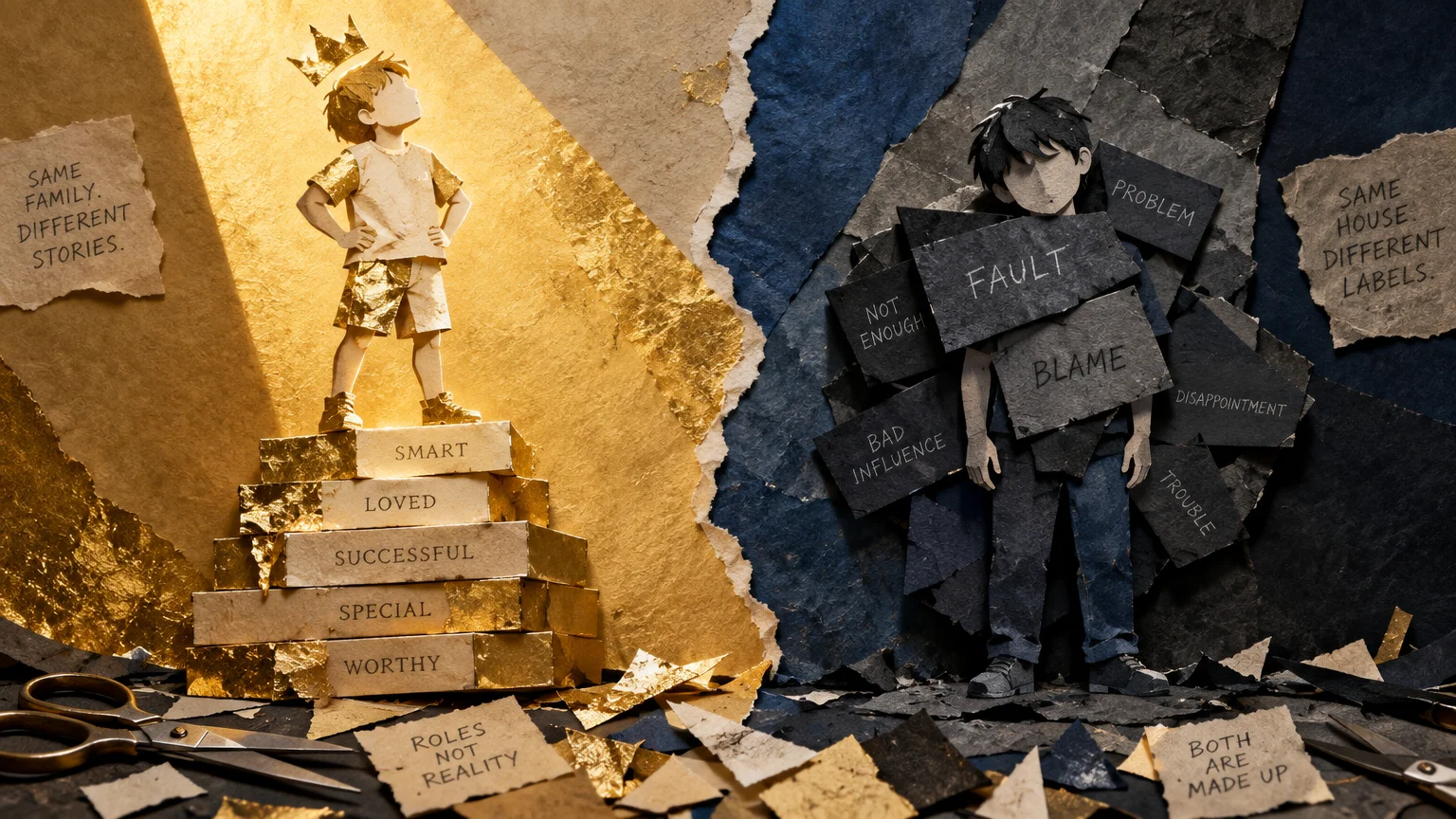 Paper collage of a crowned child atop golden steps beside a figure burdened by dark labels like "blame" and "fault.