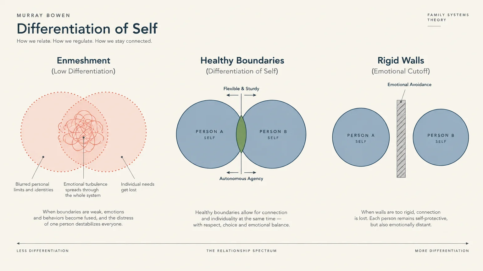 Diagram illustrating differentiation of self across three relationship models: enmeshment, healthy boundaries, and rigid walls.