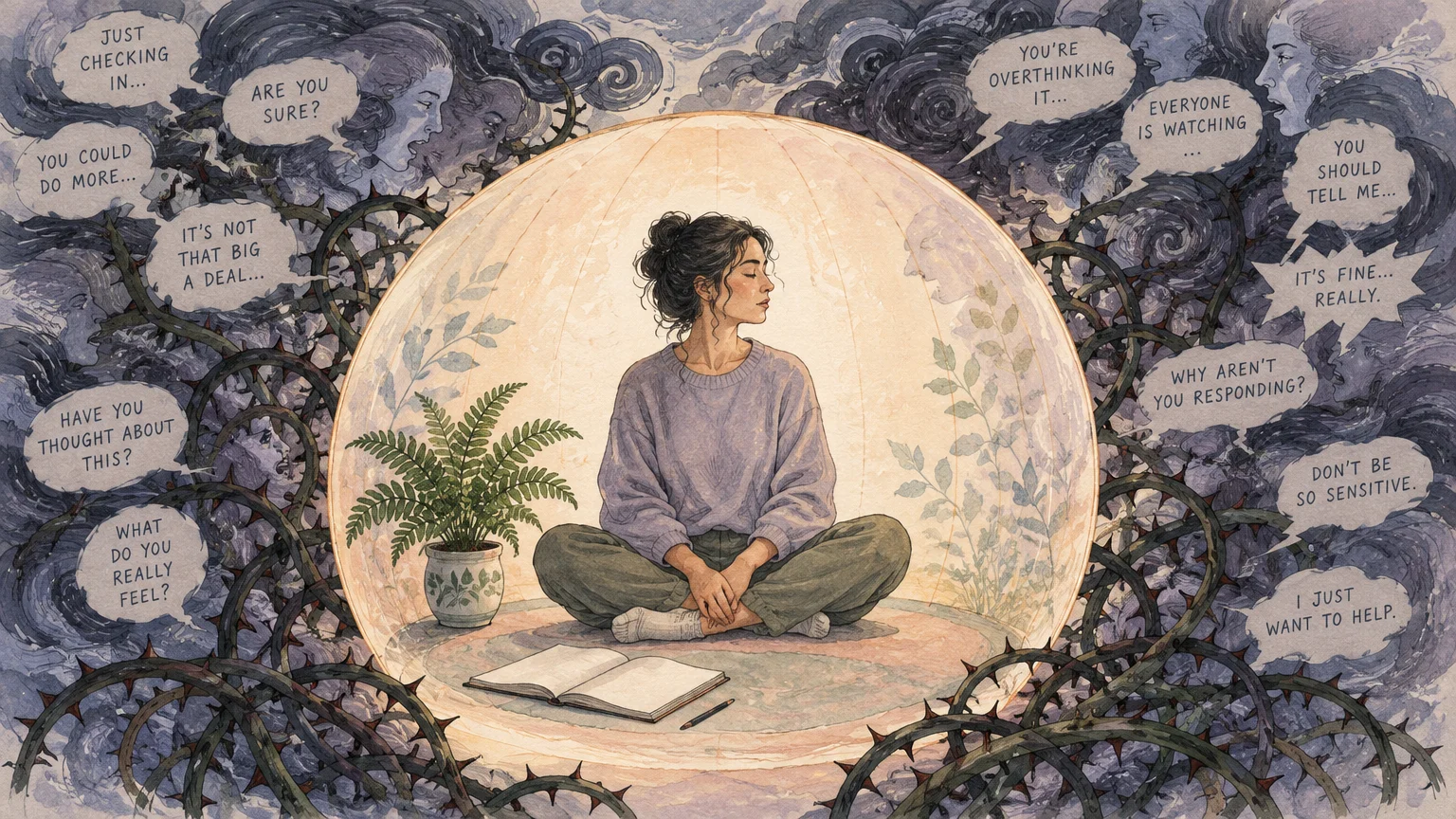 A woman sits calmly inside a glowing orb, protected from surrounding thorny vines and critical speech bubbles.