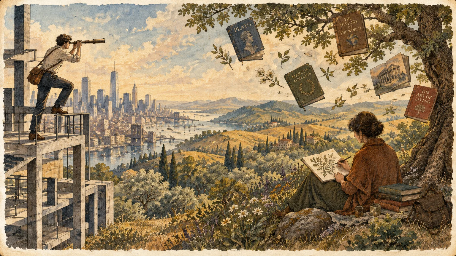 Man with a spyglass looks at a city skyline, while a woman sketches under a tree with books floating above.
