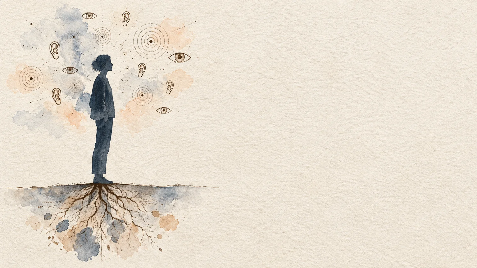 Watercolor illustration of a person standing over roots, surrounded by sketches of eyes, ears, and radiating circles.