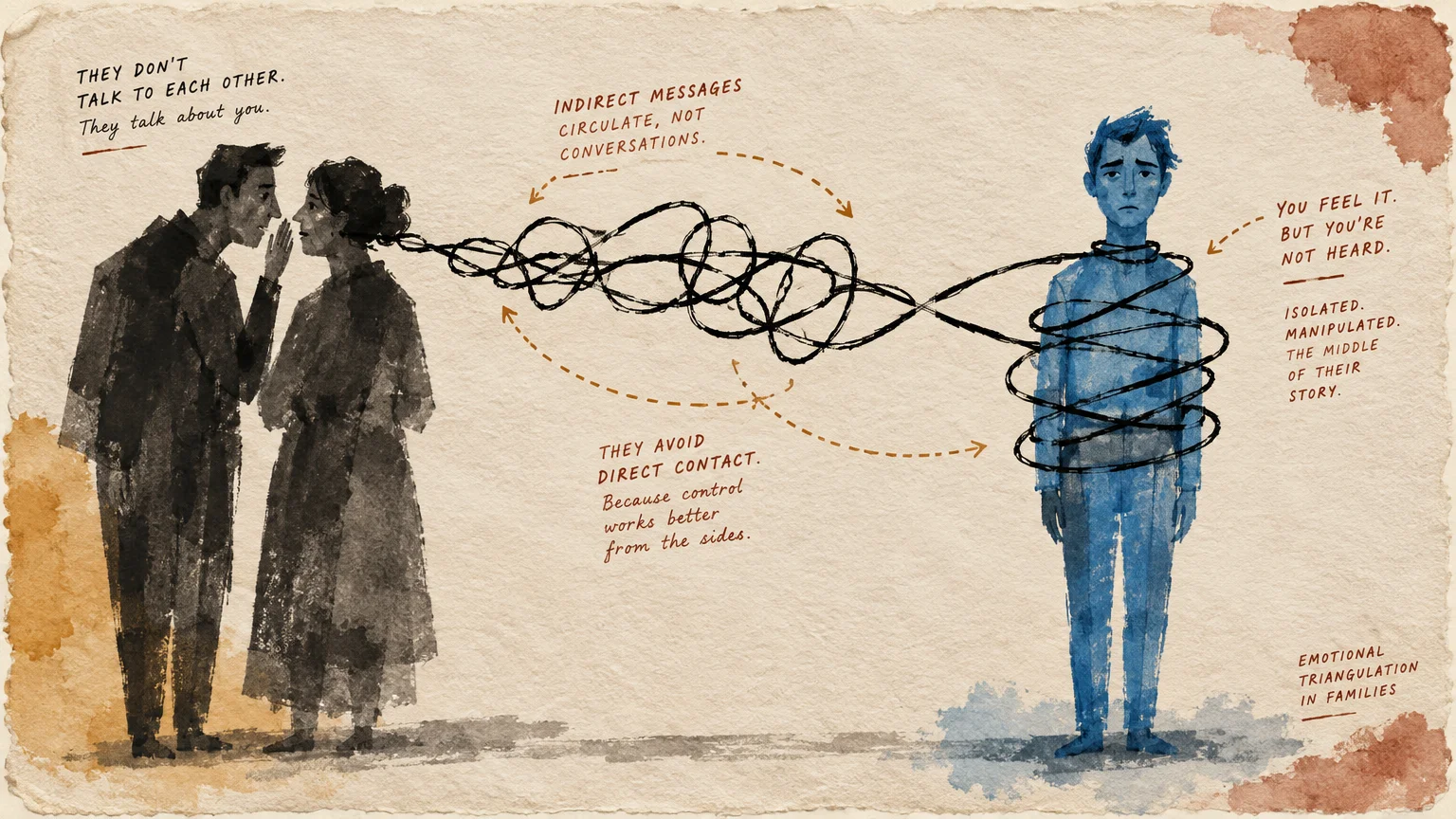 Illustration of two figures whispering, connected by tangled black lines binding a solitary blue figure.