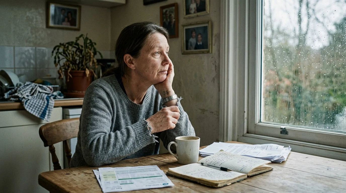 A thoughtful woman sits at a wooden table with bills, an open notebook, and a mug, gazing out a rainy window.