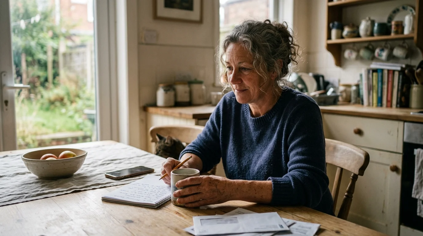 A woman sits at a wooden table writing in a notebook while holding a ceramic mug in a sunlit kitchen.