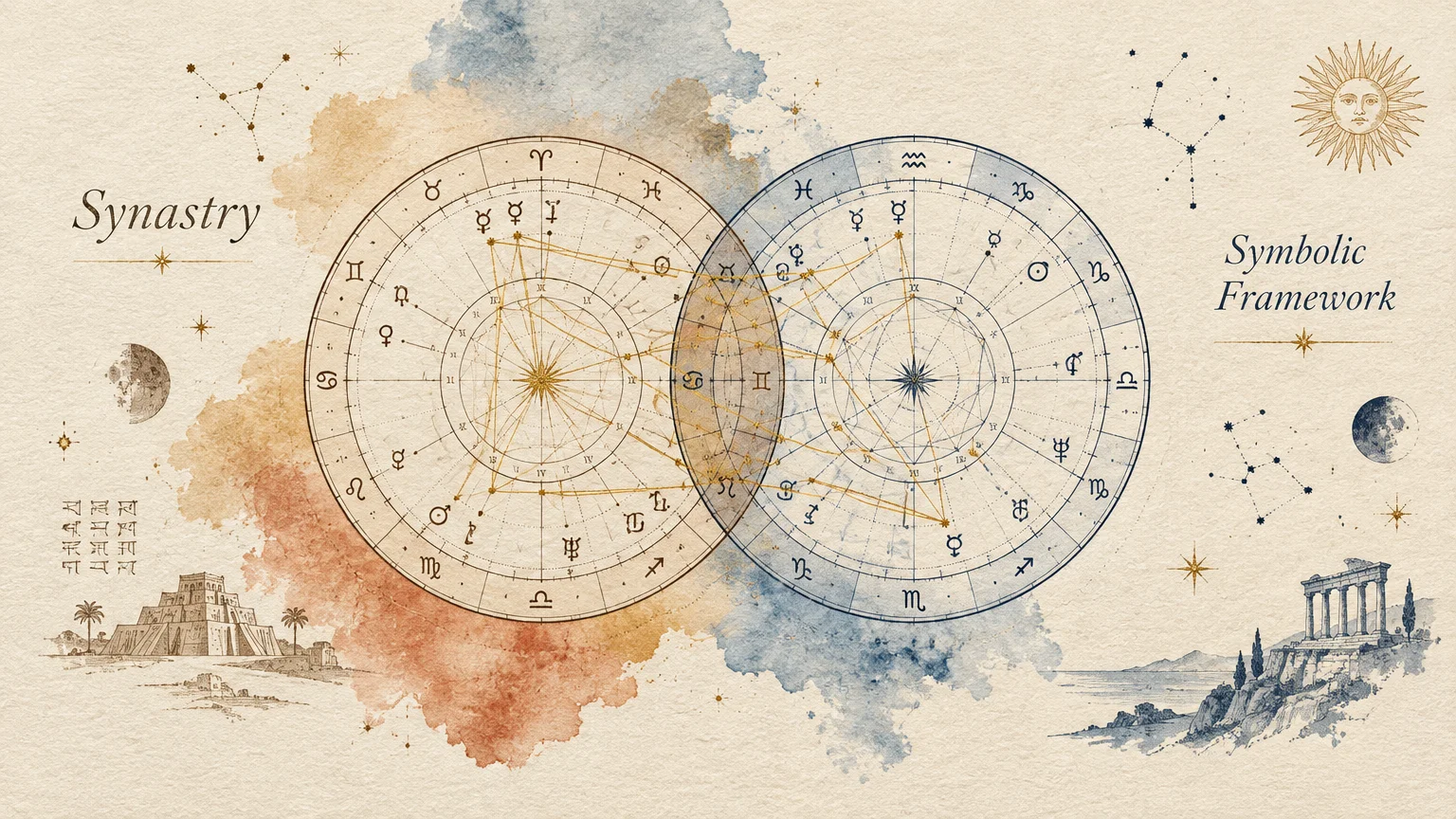 Two overlapping astrological birth charts over watercolor splashes with ancient ruins and astronomical symbols.