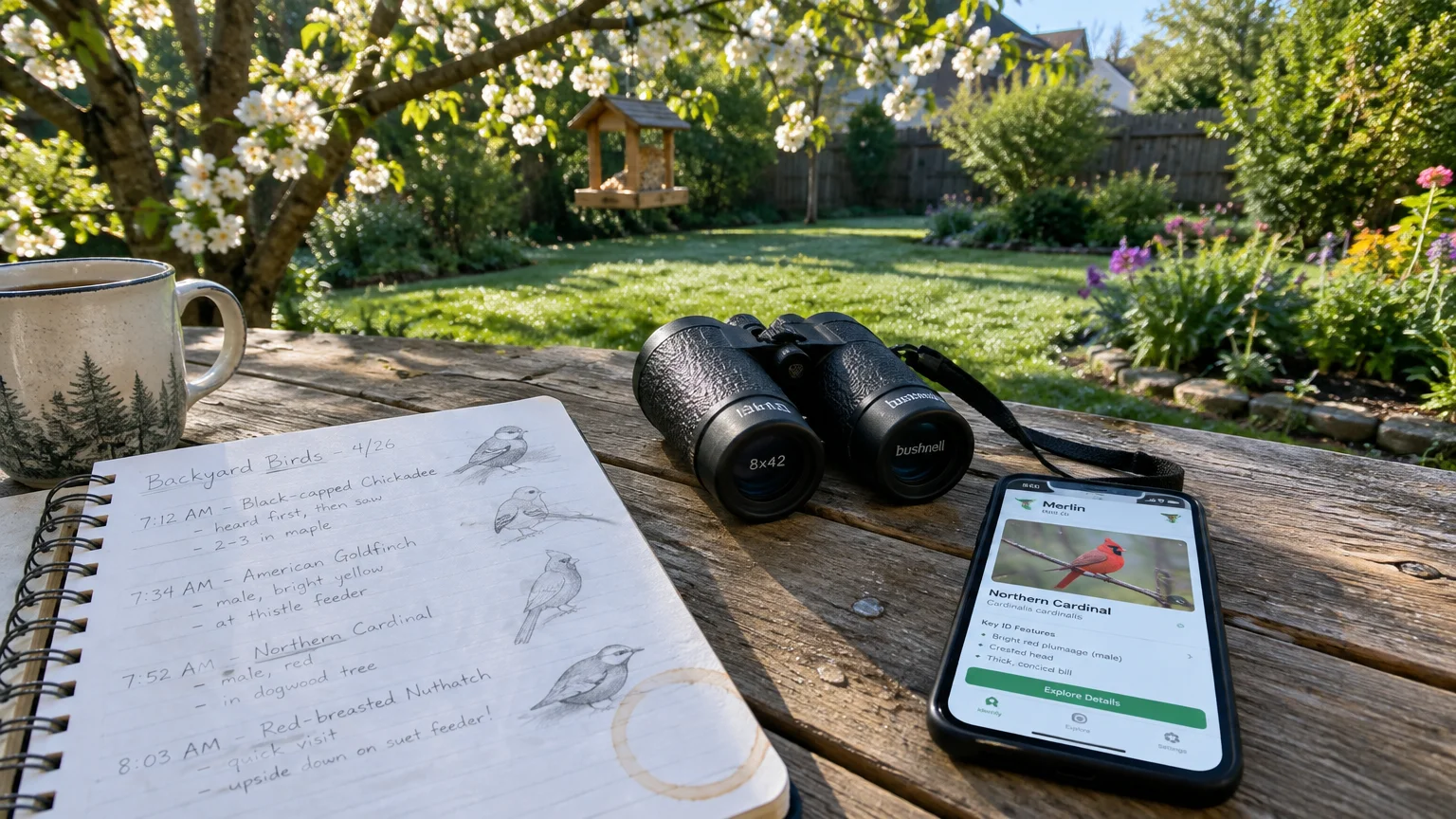 Binoculars, a birding journal, and a phone displaying a bird app rest on a wooden table overlooking a sunny garden.