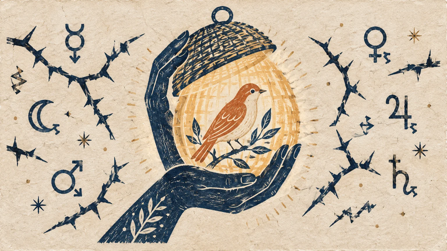 Illustration of a blue hand holding a glowing woven cage with a bird inside, surrounded by thorns and astrological symbols.