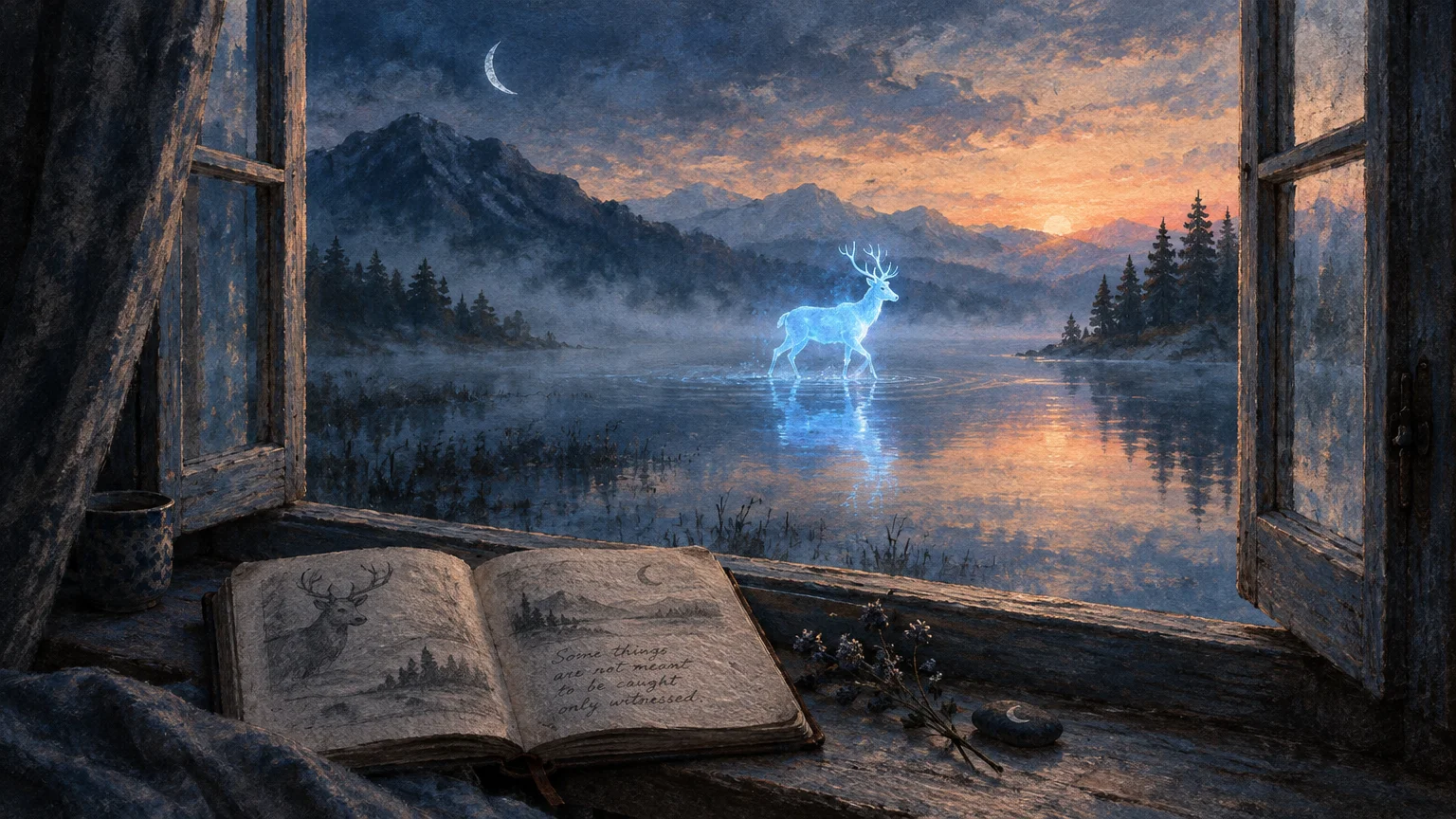 Open wooden window overlooking a lake with a glowing blue stag, mountains, and a sketch journal on the sill.