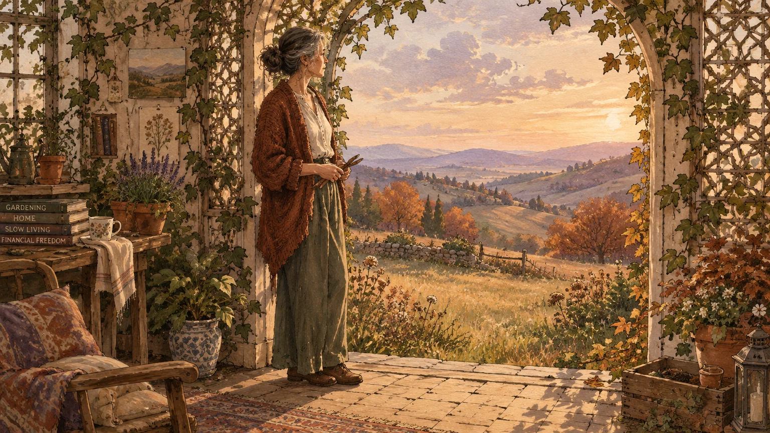 Illustration of an older woman standing on an ivy-covered veranda looking out at rolling hills during sunset.