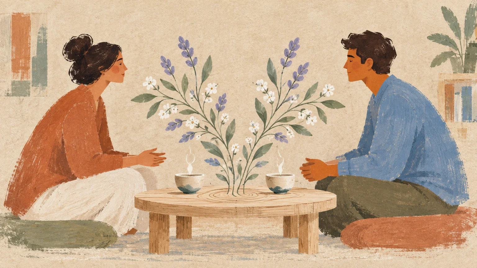 Illustration of a woman and man sitting across from each other at a low table with tea and blooming flowers between them.