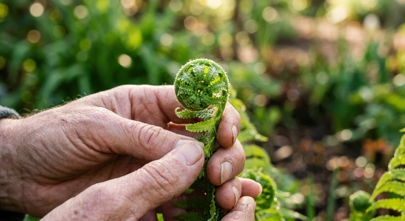 Two hands gently holding a curled green fern fiddlehead in a sunlit garden.