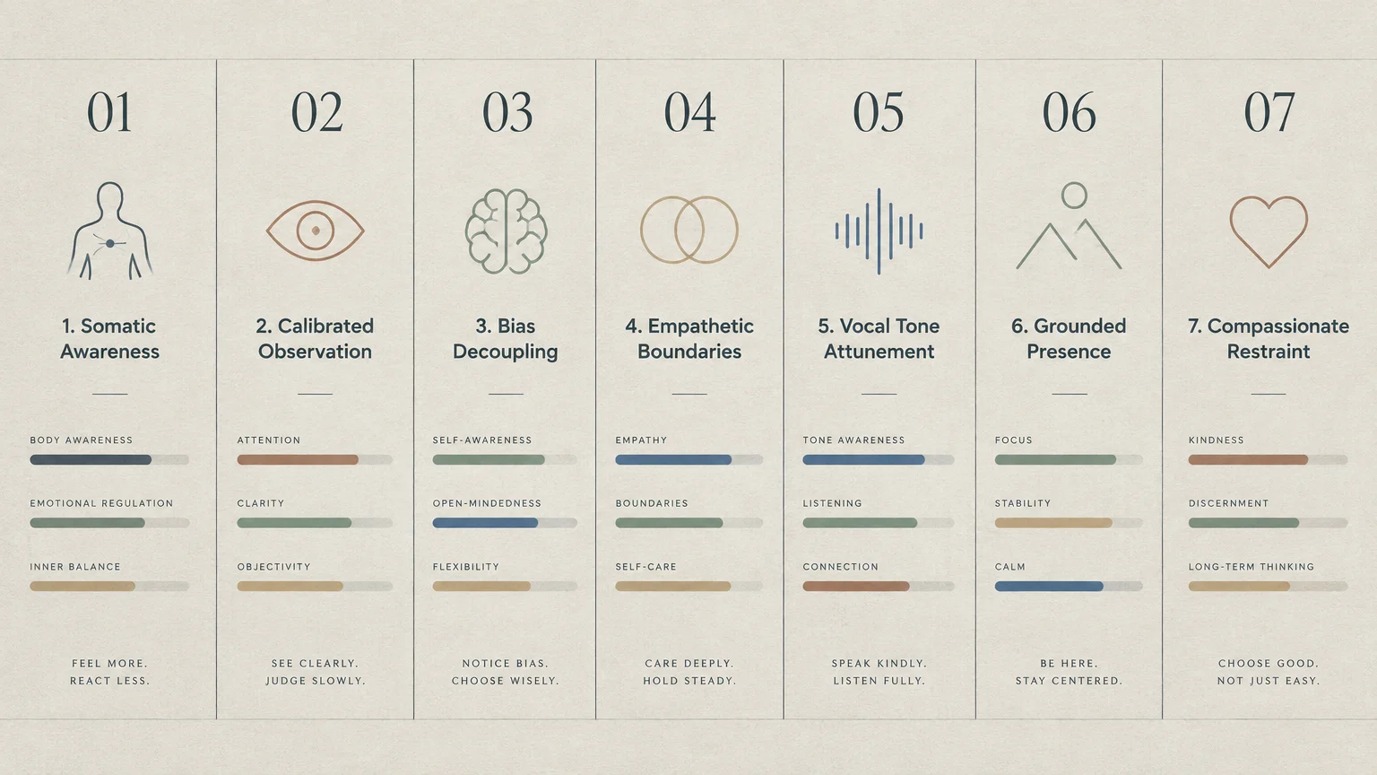 Diagram of seven numbered traits of perceptive people, featuring minimalist icons, skill bars, and guiding mottos.