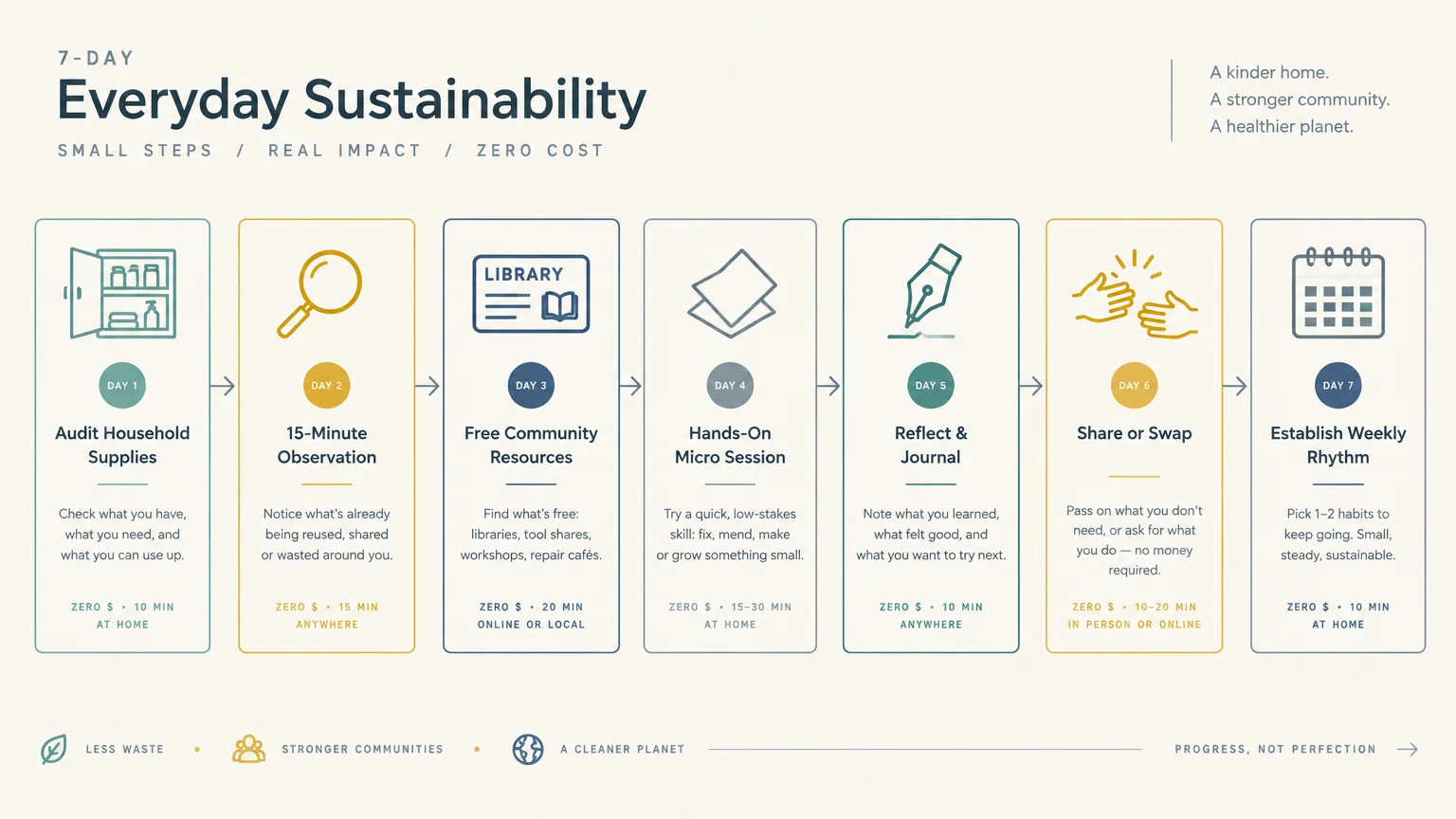 Seven-step horizontal infographic for a 7-Day Everyday Sustainability plan, from auditing supplies to weekly rhythm.