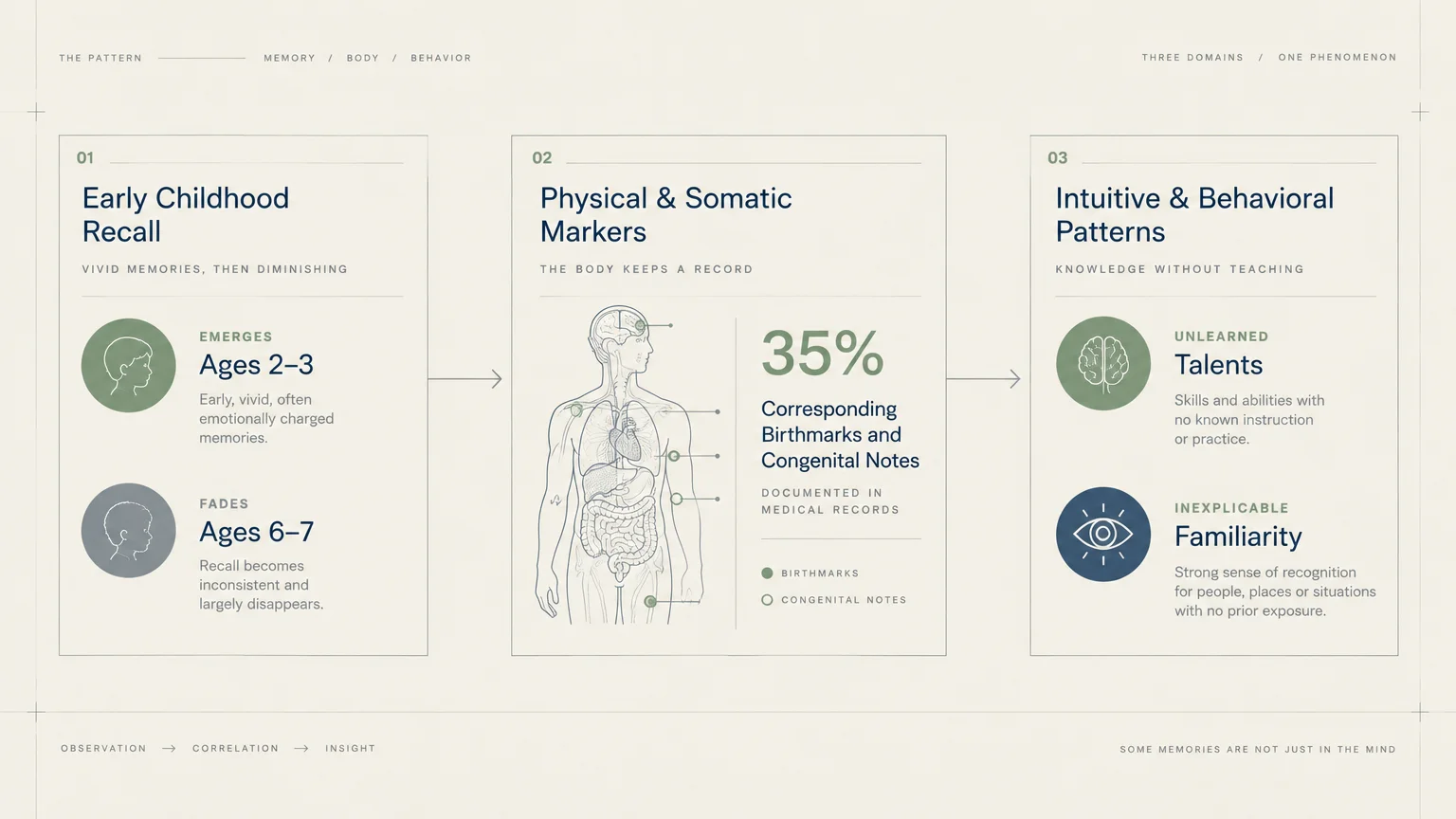 Three-panel diagram outlining early childhood recall, physical markers on an anatomical figure, and behavioral patterns.