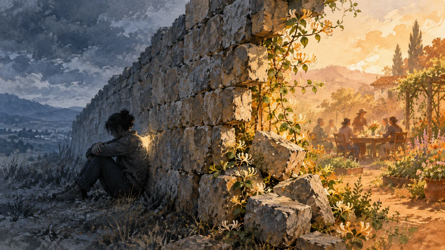 Illustration of a person sitting alone in the shade behind a stone wall, separated from a sunlit outdoor gathering.