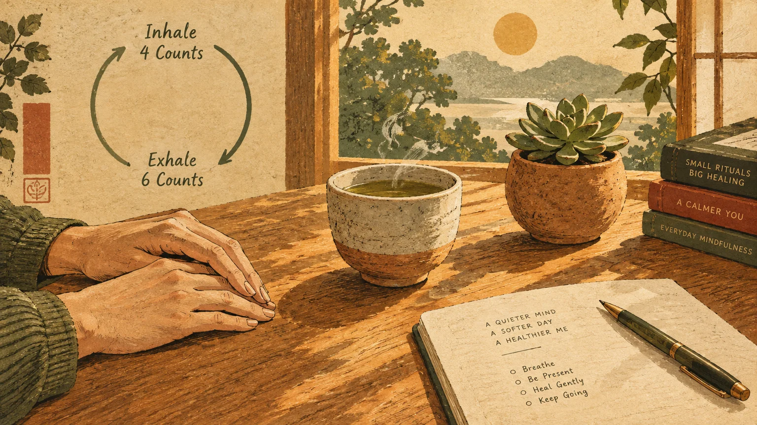 Illustration of hands resting on a wooden desk with tea, a notebook, and a diagram indicating inhale and exhale counts.