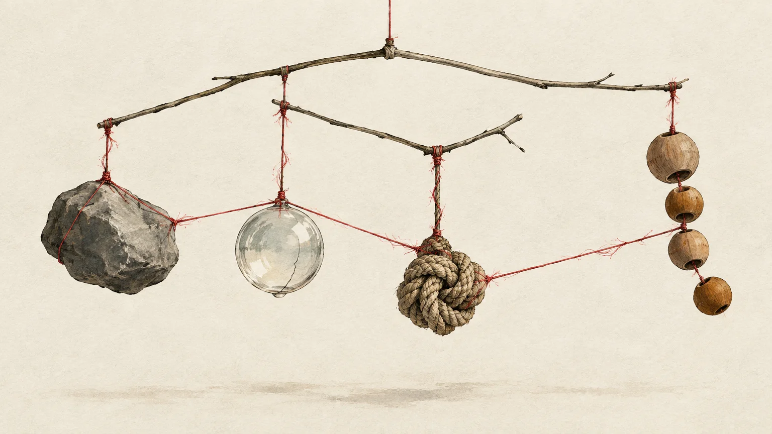 Illustration of a wooden mobile suspending a stone, a glass sphere, a rope knot, and wooden beads connected by red thread.