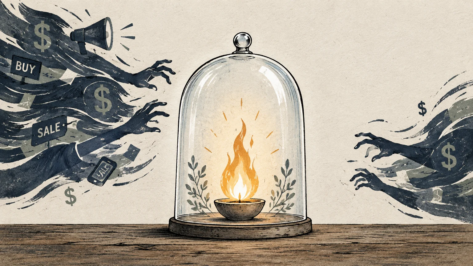 Illustration of a burning flame sheltered inside a glass cloche as shadowy hands with dollar signs reach toward it.