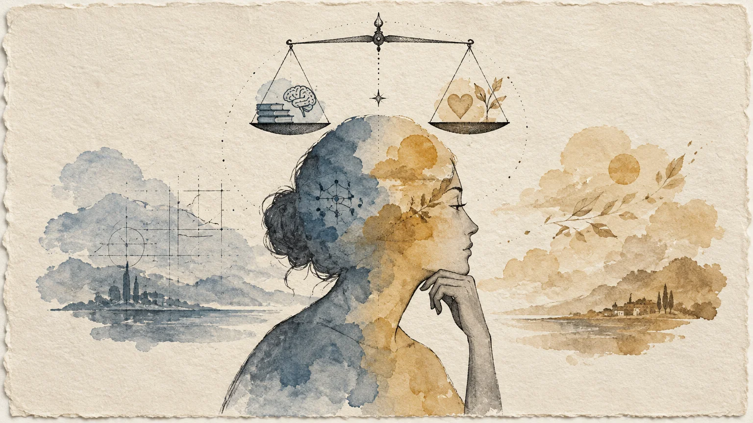 Illustration of a woman in profile under balance scales weighing a brain and books against a heart and sprout.