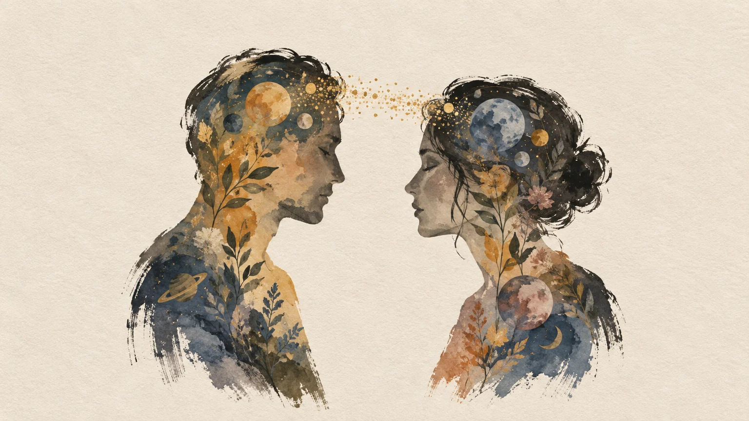 Watercolor profile silhouettes of a man and woman facing each other, filled with planets, foliage, and connected by stars.