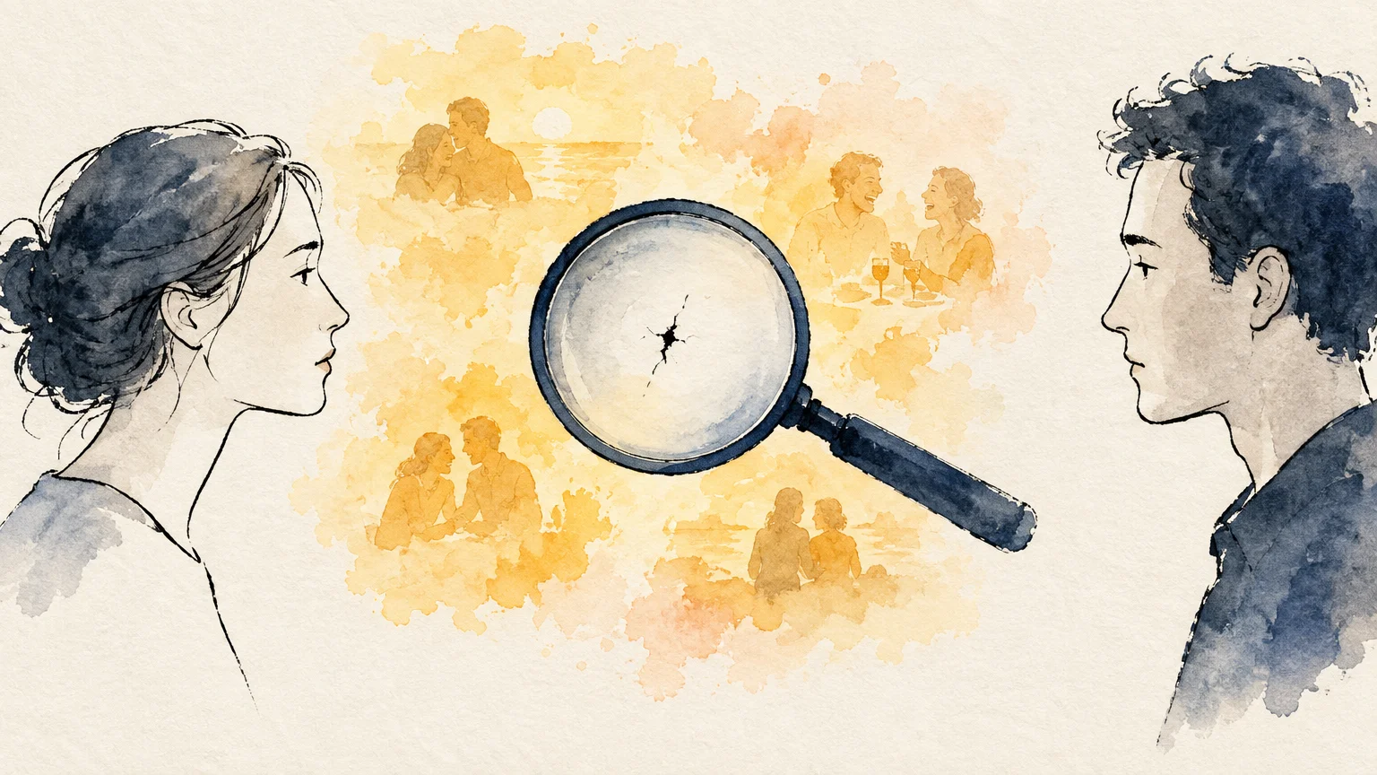 Watercolor illustration of a man and woman facing each other with a cracked magnifying glass and warm memories between them.
