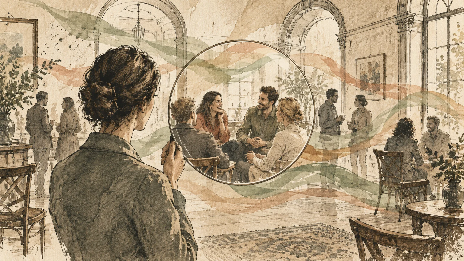 Woman holding a magnifying glass toward a cafe gathering, framed by sepia tones and flowing colorful ribbons.