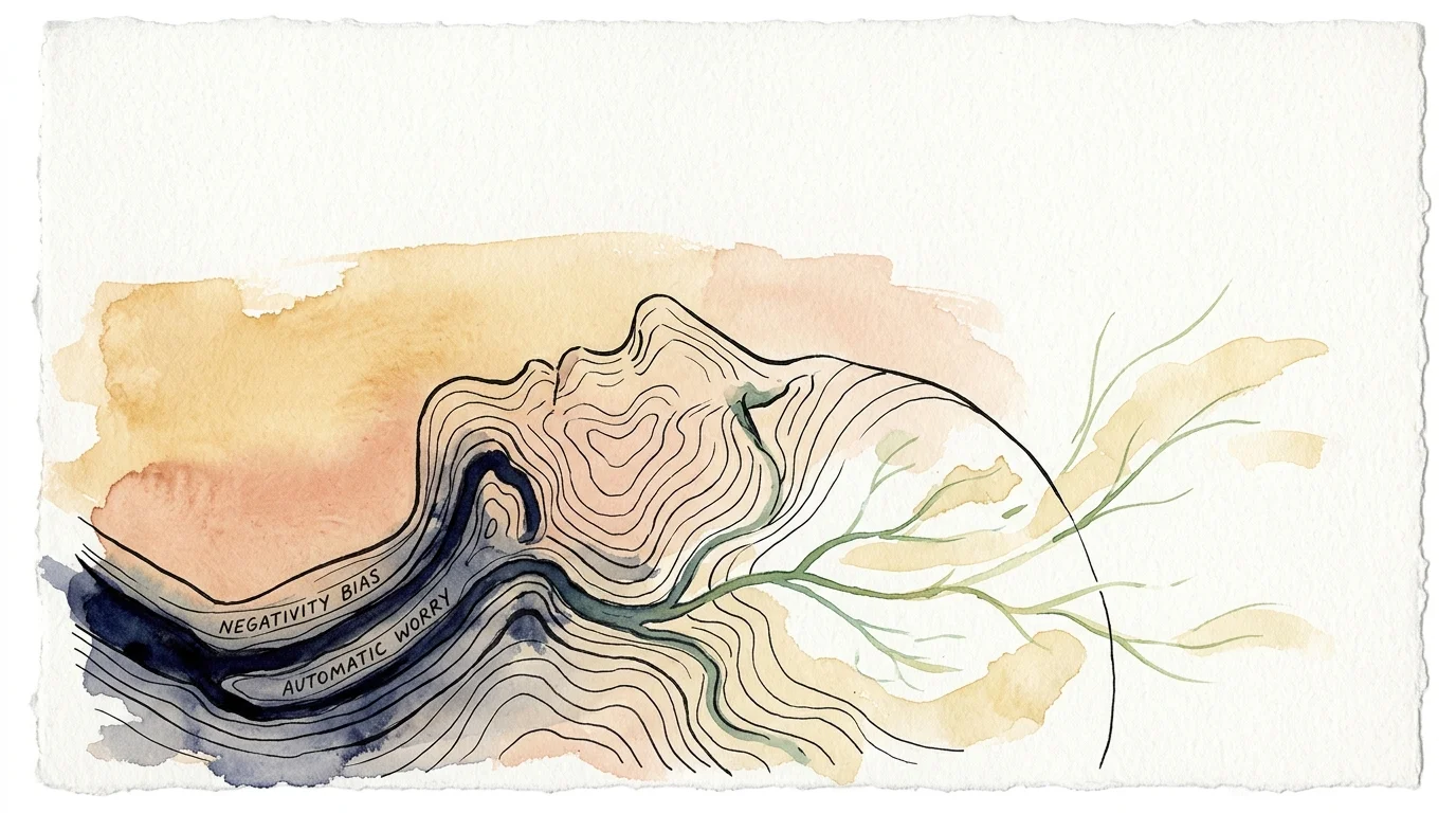 Watercolor illustration of a reclining face formed by contour lines, with text reading negativity bias and automatic worry.