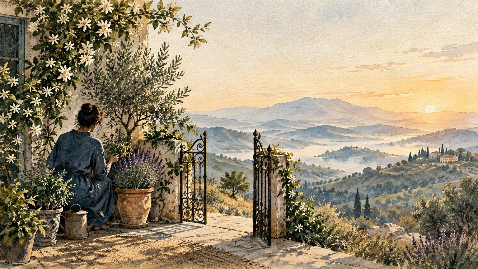 Watercolor illustration of a woman tending potted plants on a stone patio overlooking rolling hills at sunrise.