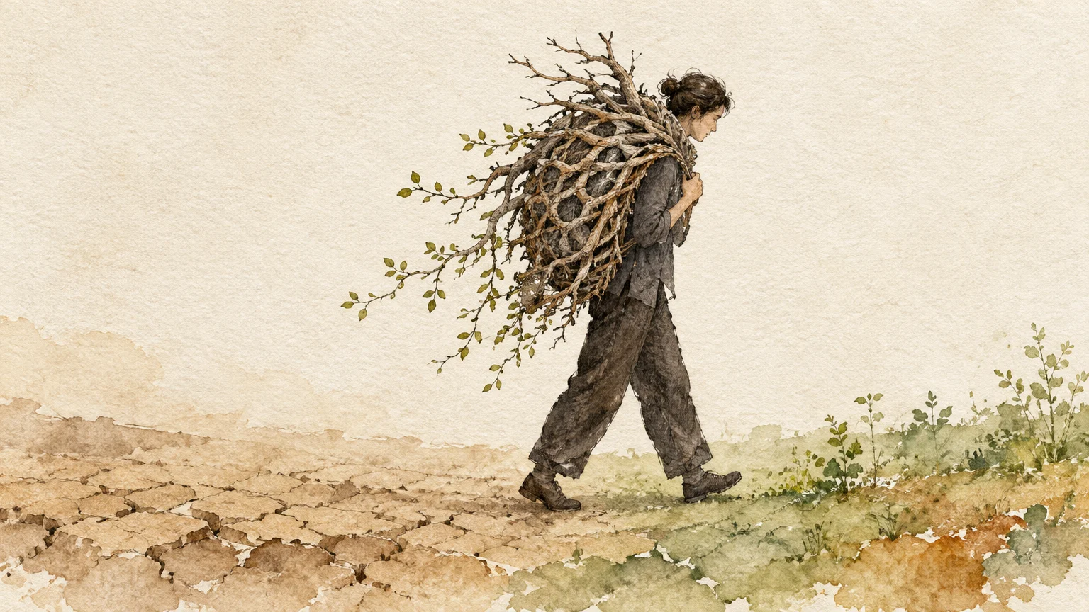 Watercolor painting of a person carrying a heavy bundle of branches from cracked desert ground toward green grass.