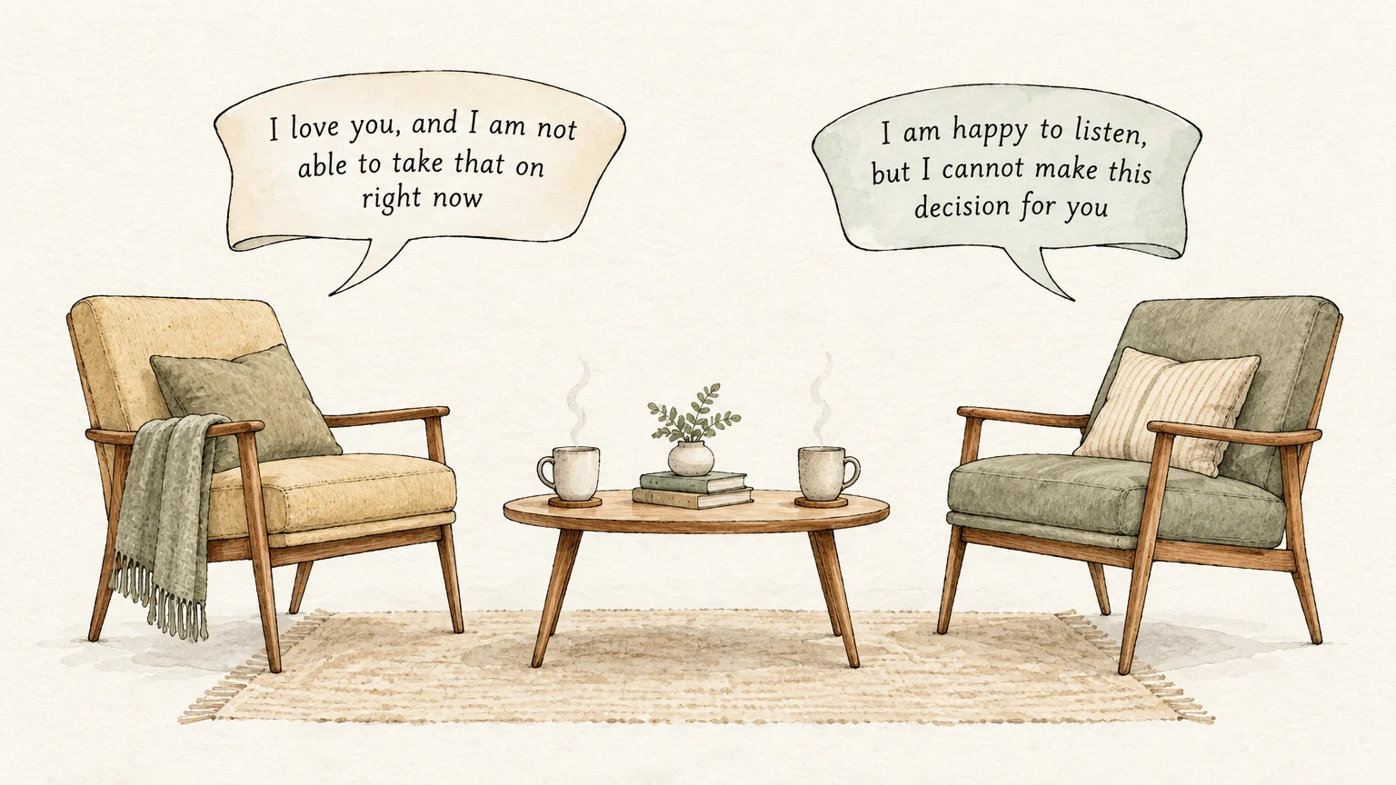 Two armchairs and a coffee table with steaming mugs beneath speech bubbles containing boundary-setting phrases.